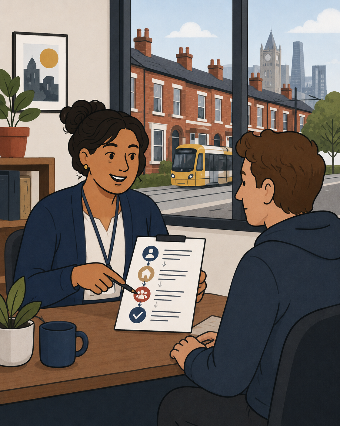 Cartoon of an Assist Hub adviser helping a Manchester resident