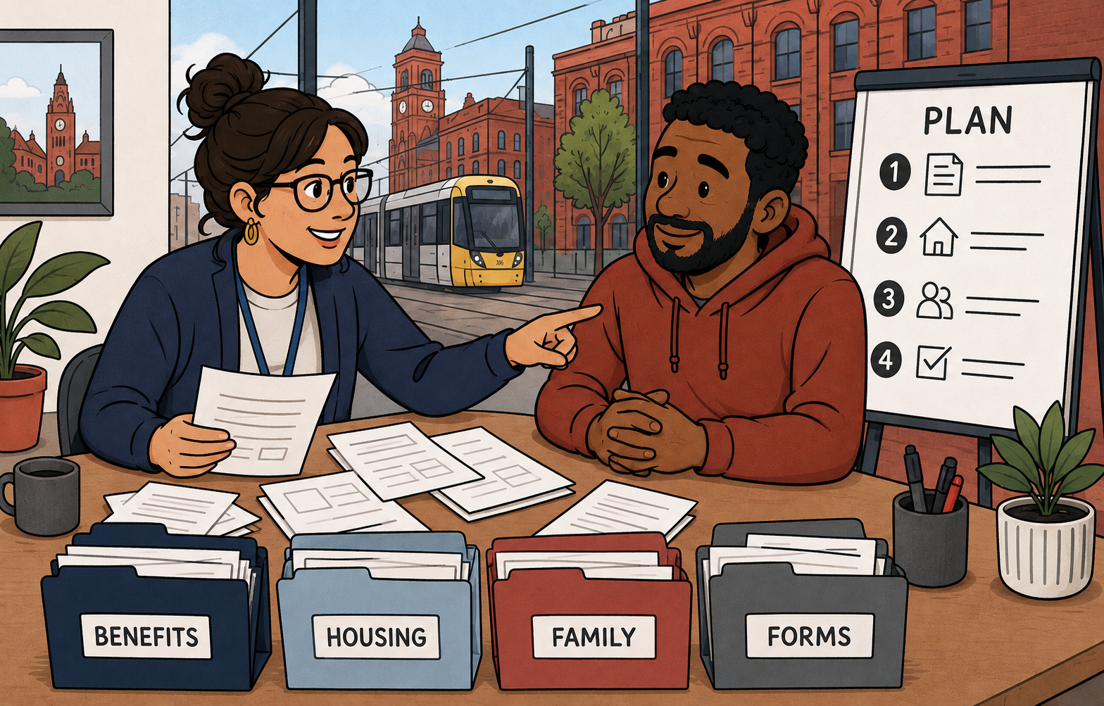 Cartoon of an adviser helping organise official paperwork